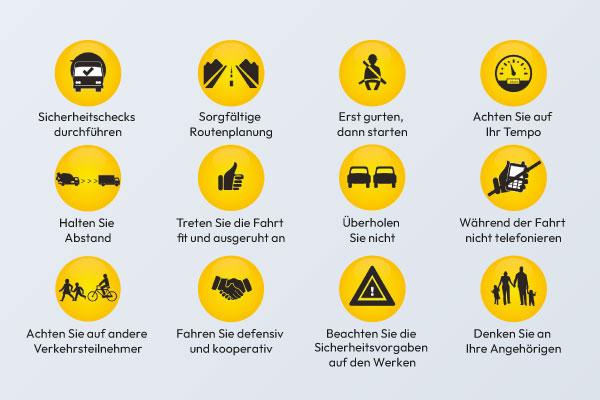 Ob im Fahrmischer oder im Dienst-PKW – diese Grundsätze gelten fürs sichere Fahren.